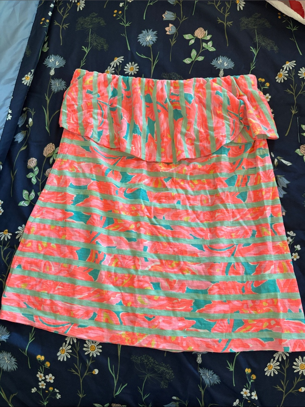 Lilly Pulitzer Coral and Teal Striped Ruffle Mini Skirt